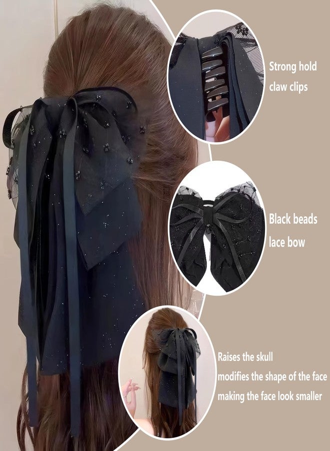 Rannyrena Large Chiffon Silk Hair Bow for Women Mesh Big Bows Hair Clips with Pearls Crystal Tulle Hair Barrettes Long Tail Bowknot Hair Accessories (Black Beads) - Image 4
