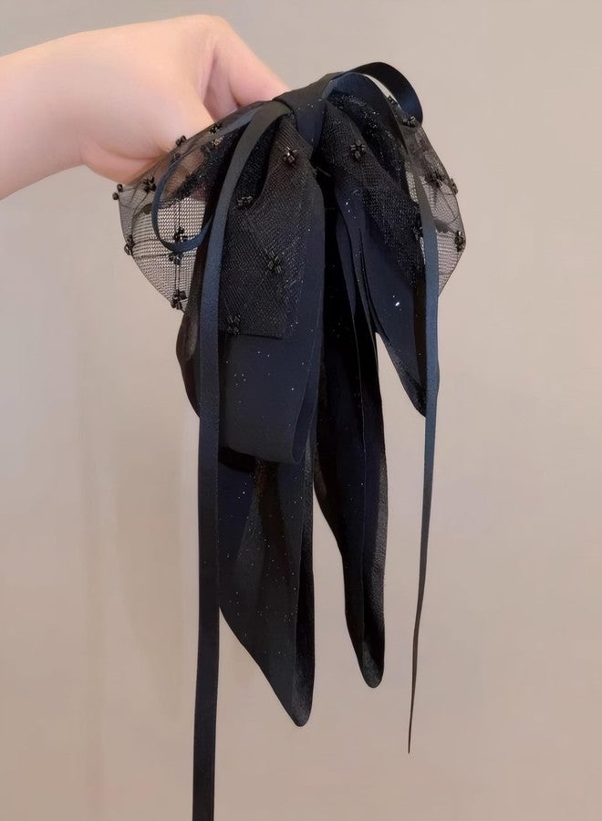 Rannyrena Large Chiffon Silk Hair Bow for Women Mesh Big Bows Hair Clips with Pearls Crystal Tulle Hair Barrettes Long Tail Bowknot Hair Accessories (Black Beads) - Image 3