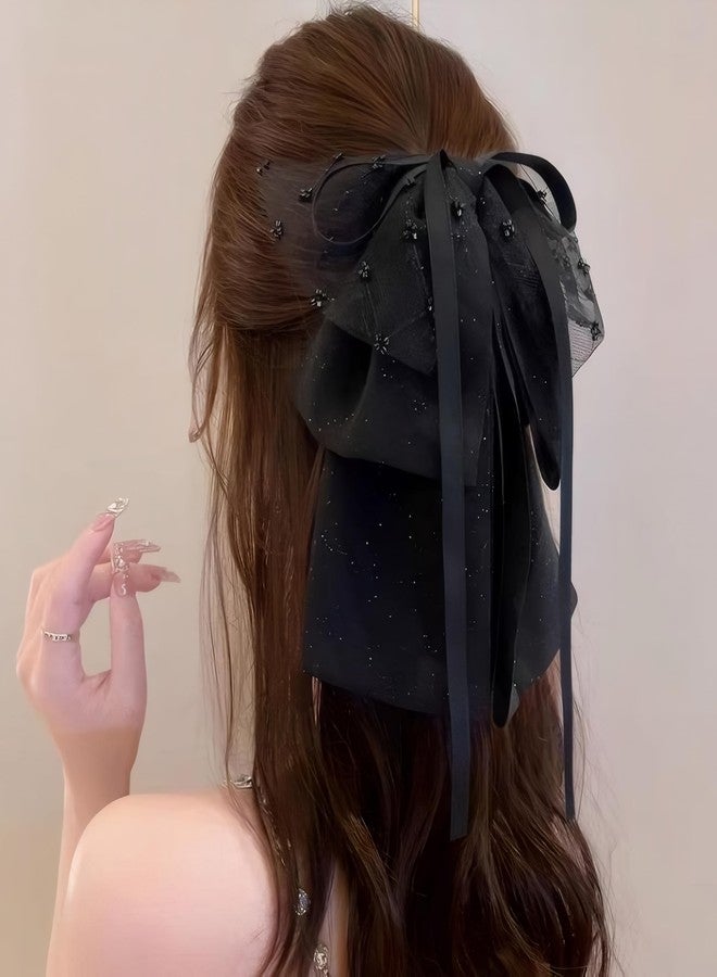 Rannyrena Large Chiffon Silk Hair Bow for Women Mesh Big Bows Hair Clips with Pearls Crystal Tulle Hair Barrettes Long Tail Bowknot Hair Accessories (Black Beads) - Image 2