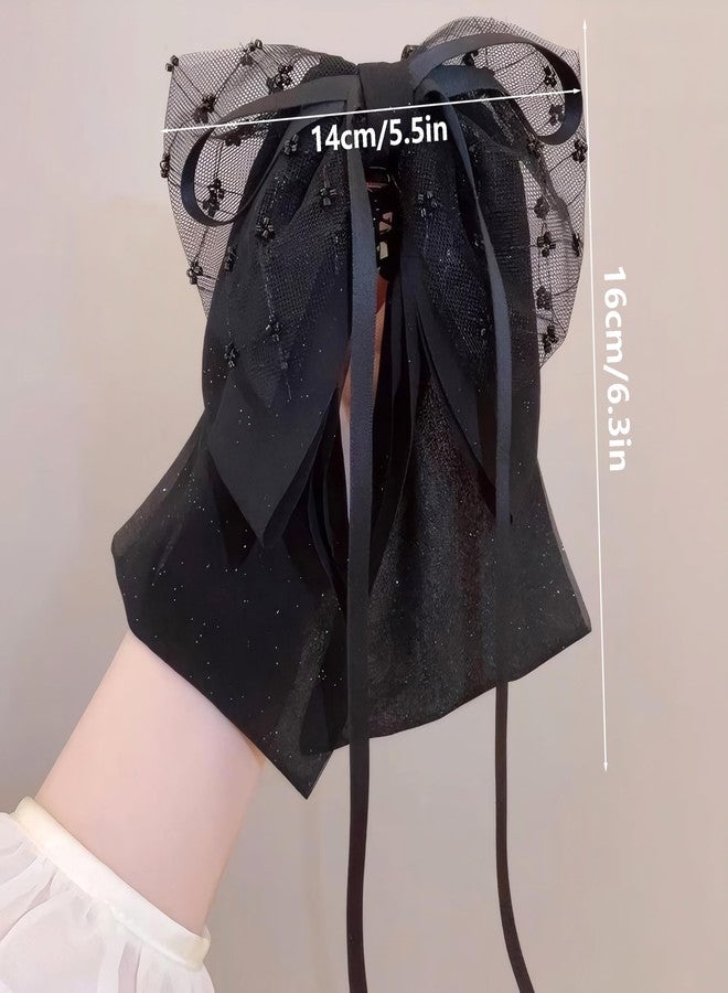 Rannyrena Large Chiffon Silk Hair Bow for Women Mesh Big Bows Hair Clips with Pearls Crystal Tulle Hair Barrettes Long Tail Bowknot Hair Accessories (Black Beads) - Image 5