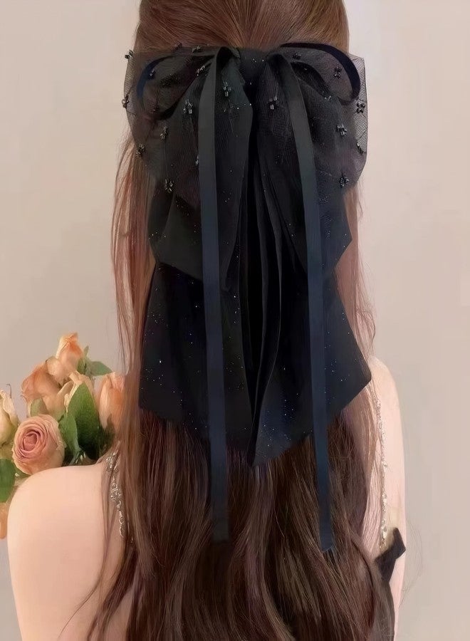 Rannyrena Large Chiffon Silk Hair Bow for Women Mesh Big Bows Hair Clips with Pearls Crystal Tulle Hair Barrettes Long Tail Bowknot Hair Accessories (Black Beads) - Image 1
