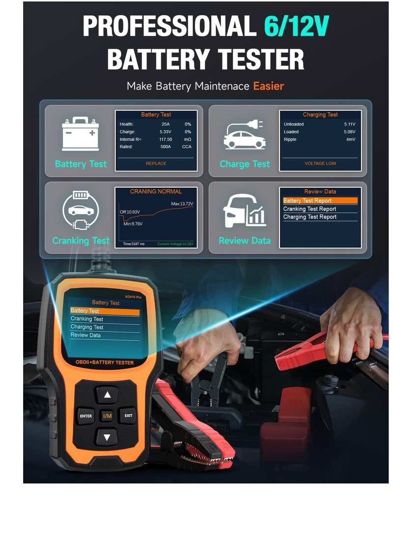 2 in 1 OBD2 Scanner Battery Tester, OBD2 Scanner Diagnostic Tool, for Car Check Engine Code Reader Scan Tool, Full OBDII Diagnosis and Charging Cranking Test, EVAP Live Data