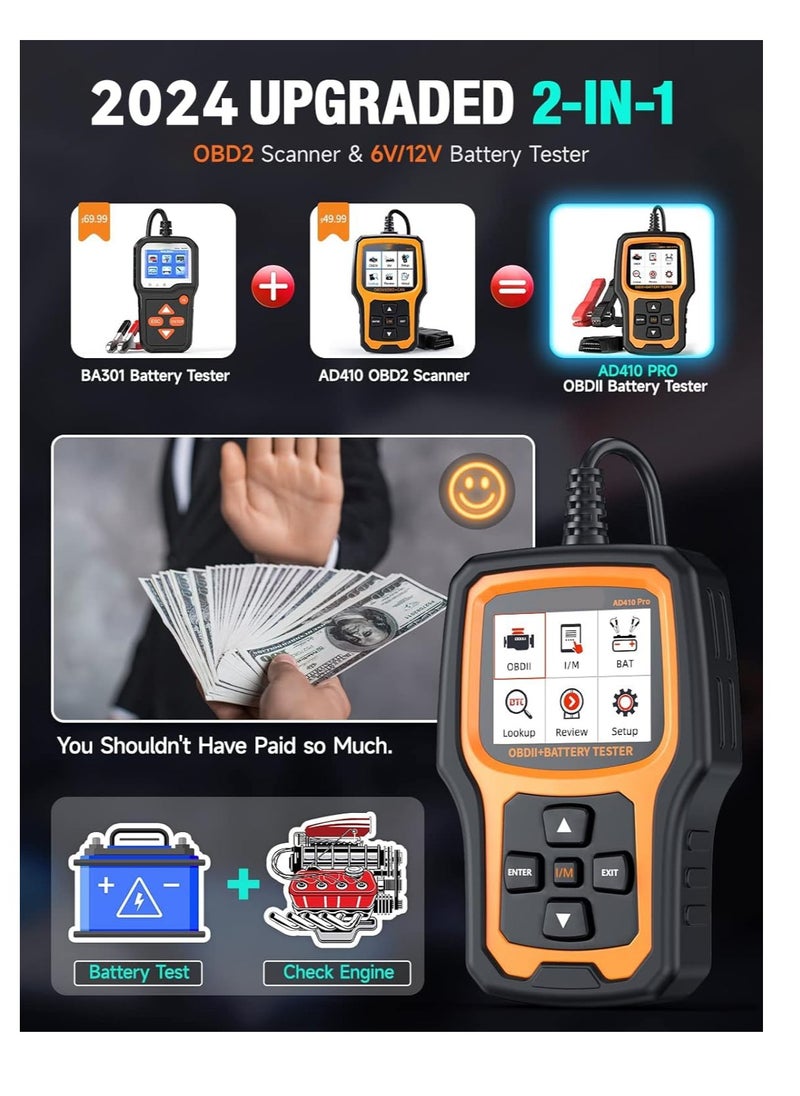 2 in 1 OBD2 Scanner Battery Tester, OBD2 Scanner Diagnostic Tool, for Car Check Engine Code Reader Scan Tool, Full OBDII Diagnosis and Charging Cranking Test, EVAP Live Data