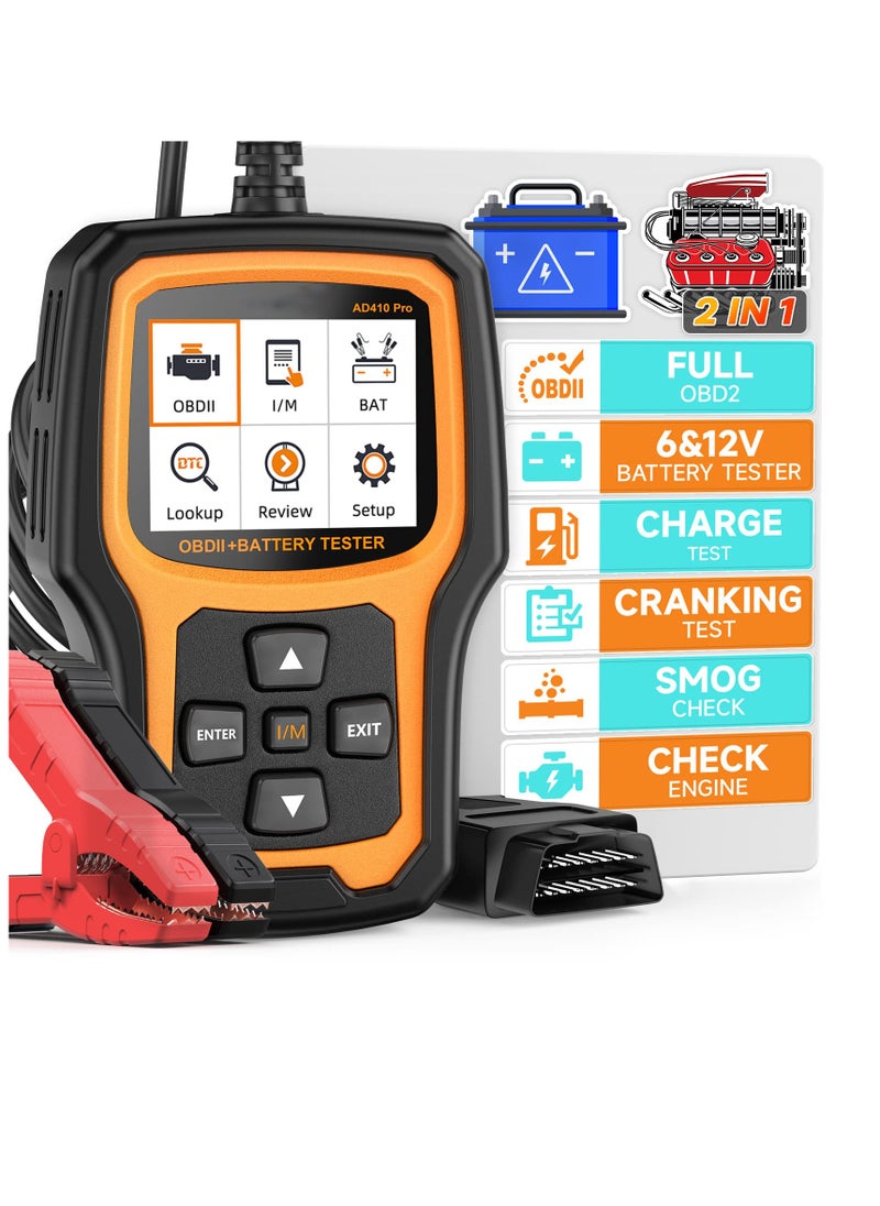 2 in 1 OBD2 Scanner Battery Tester, OBD2 Scanner Diagnostic Tool, for Car Check Engine Code Reader Scan Tool, Full OBDII Diagnosis and Charging Cranking Test, EVAP Live Data