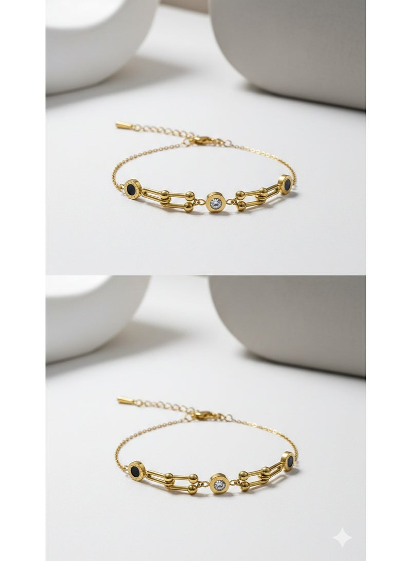 Minimalist Gold Plated Stainless Steel Link Bracelet with Crystal Inlay. - Image 1