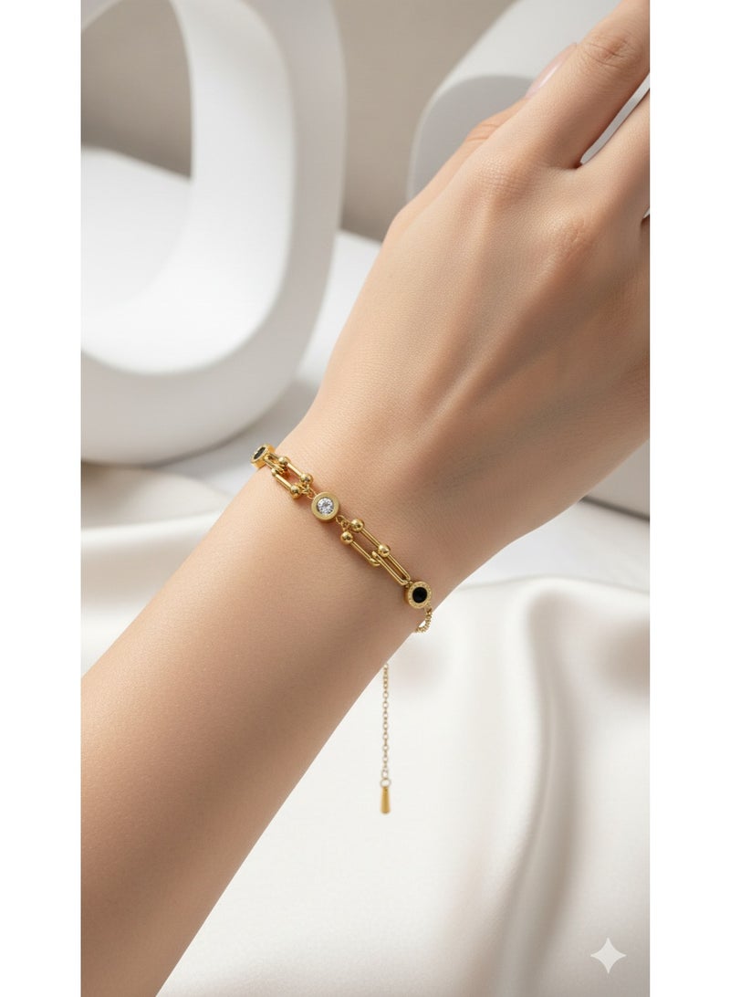 Minimalist Gold Plated Stainless Steel Link Bracelet with Crystal Inlay. - Image 2