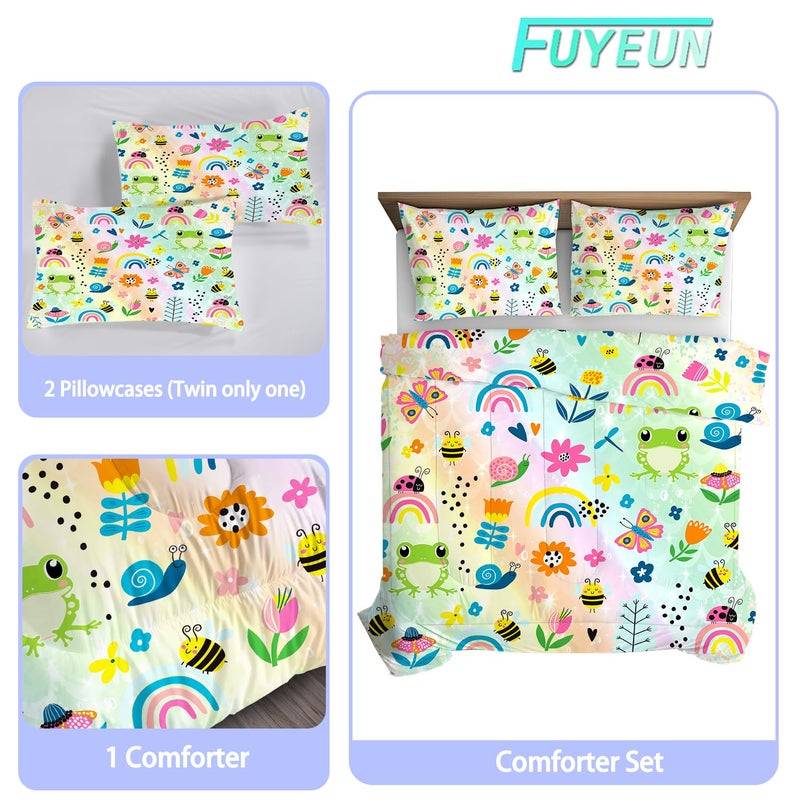 FUYEUN Rainbow Comforter Sets Twin Size Cartoon Floral Frogs Bedding Set for Girls Kids Children Boys Butterfly Flowers Bees Insects Cute Kawaii Quilt 1 Comforter + 1 Pillow Case - Image 2