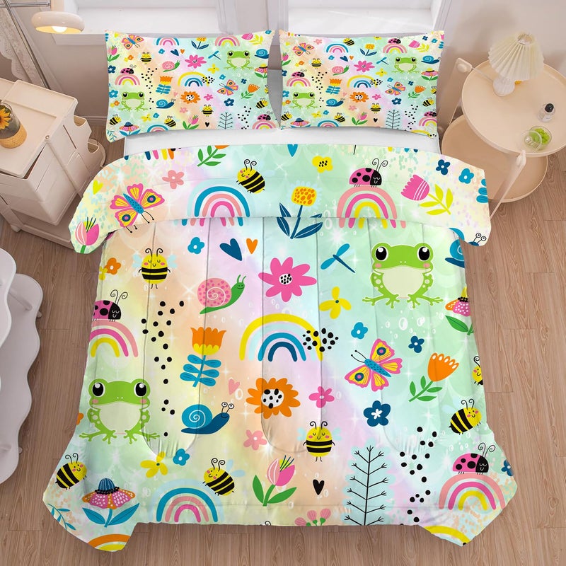 FUYEUN Rainbow Comforter Sets Twin Size Cartoon Floral Frogs Bedding Set for Girls Kids Children Boys Butterfly Flowers Bees Insects Cute Kawaii Quilt 1 Comforter + 1 Pillow Case - Image 1