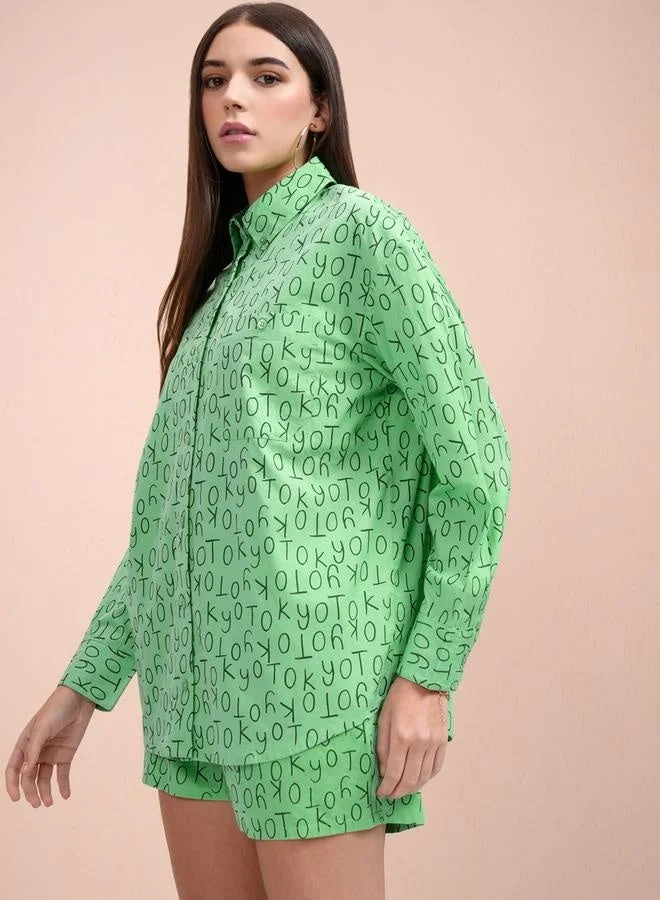 Tokyo Talkies Tokyo Talkies All-Over Print Collared Shirt with Mid Rise Shorts Co-Ords