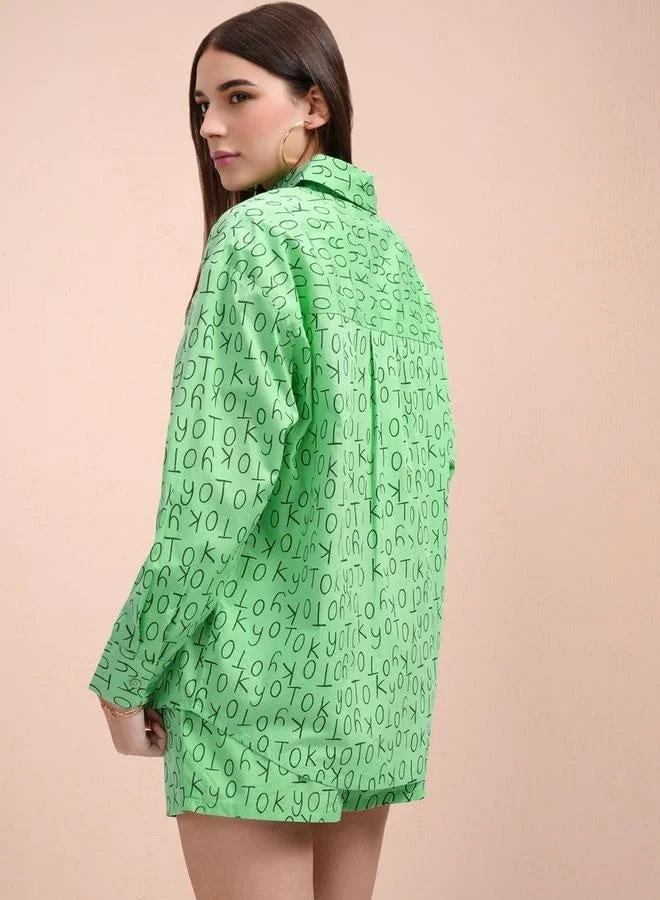 Tokyo Talkies Tokyo Talkies All-Over Print Collared Shirt with Mid Rise Shorts Co-Ords
