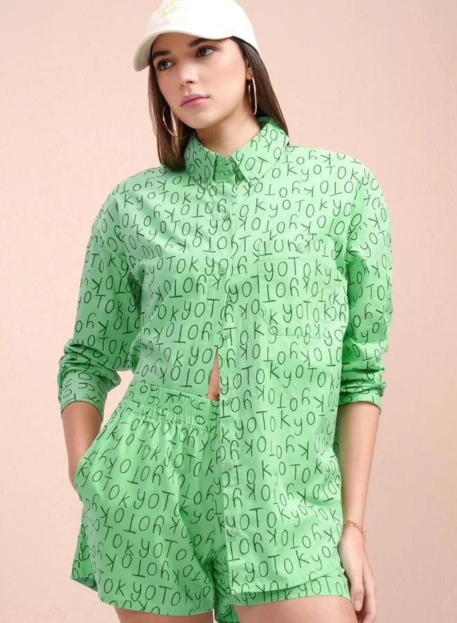 Tokyo Talkies Tokyo Talkies All-Over Print Collared Shirt with Mid Rise Shorts Co-Ords