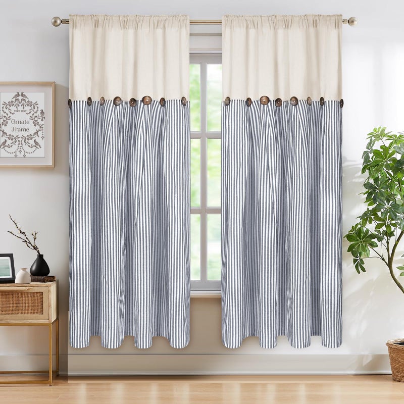 ASPMIZ Cotton Linen Farmhouse Curtains Boho Rustic Button Drapes, Linen Window Curtain Panels, Blue Stripe Country Curtains for Bedroom Living Room, Modern Rod Pocket Curtain 52 x 63 Inch, 2 Panels - Image 1