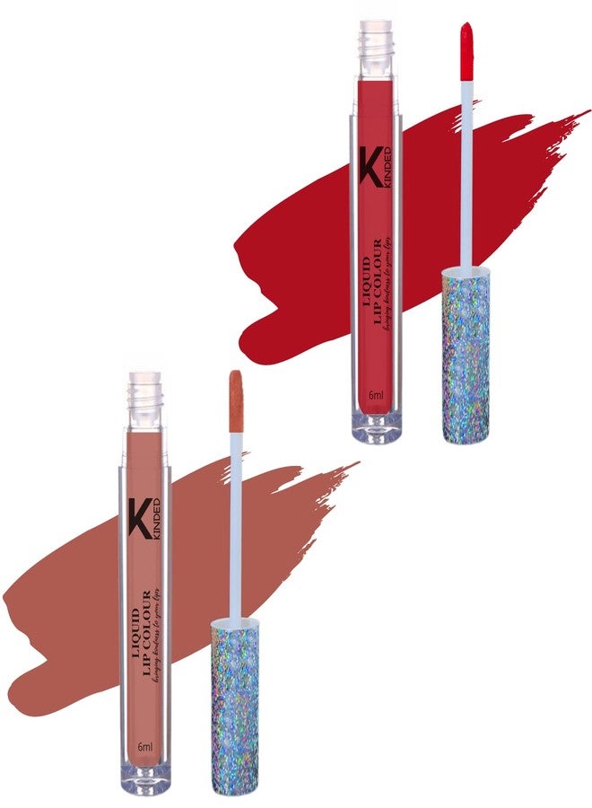 KINDED Liquid Lip Colour Vitamin E Enriched No Transfer Waterproof Long Stay Lipsticks Lip Gloss Set for Girls Women (Pack of 2, 6 ml each, Matte Finish, Shades Brick Red & Rust Crust) - Image 1