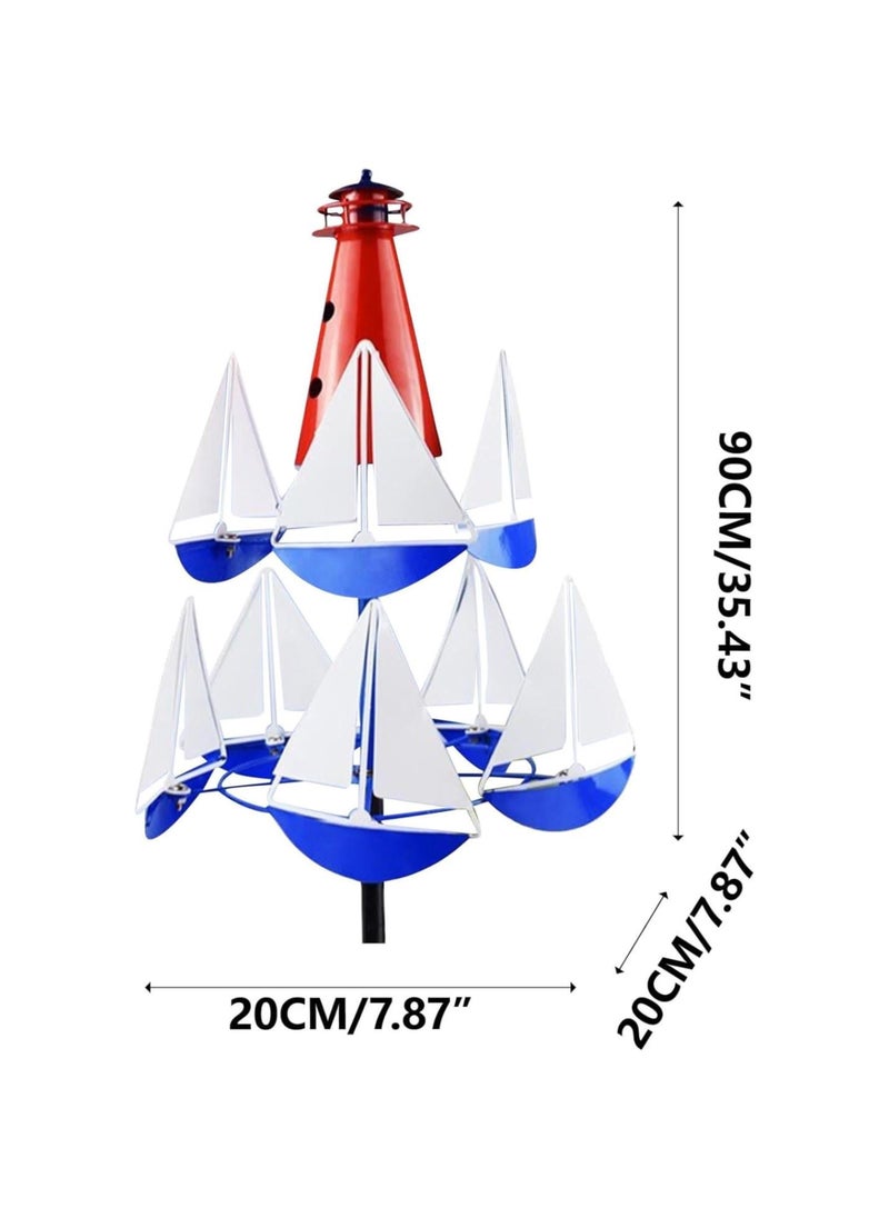 Generic - Sailboat Wind Spinner, Summer Lighthouse Sailboat Windmills, Outdoor Sailboat Windmill Metal Decorative, Art Sailing Wind Sculpture Spinners Decor for Outdoor Yard Garden (A) - Image 1