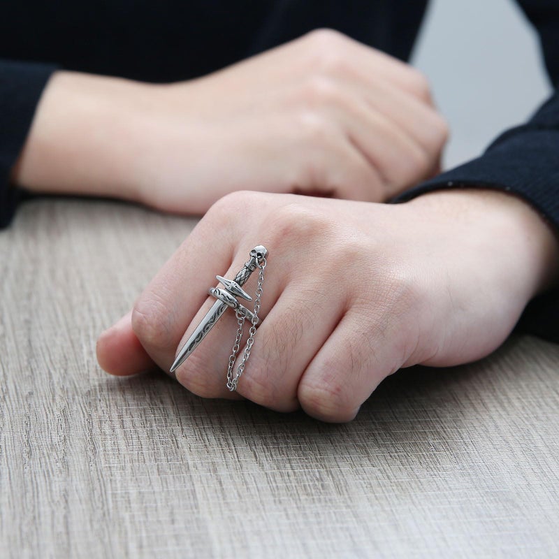 HZMAN Sword Ring for Men Women Stainless Steel Gothic Punk Plug-in Skull Dagger Rings Jewelry Gift (Size,10) - Image 3