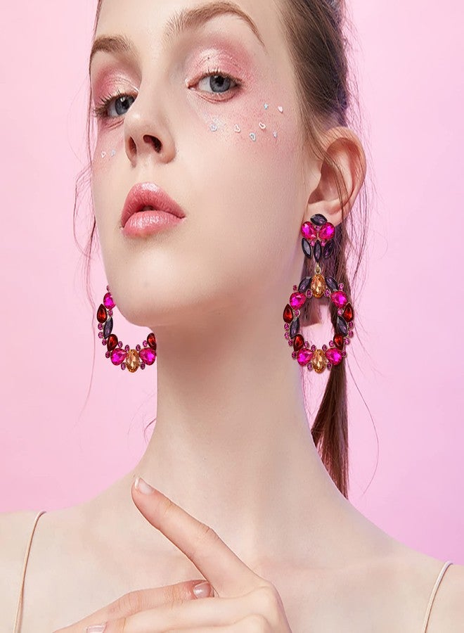 BriLove Wedding Bridal Sparkling Crystal Teardrop Marquise Circle Hoop Dangle Earrings for Women Party Prom Fuchsia Gold-Tone - Image 2