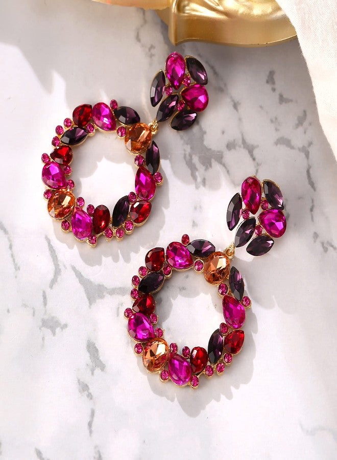 BriLove Wedding Bridal Sparkling Crystal Teardrop Marquise Circle Hoop Dangle Earrings for Women Party Prom Fuchsia Gold-Tone - Image 3
