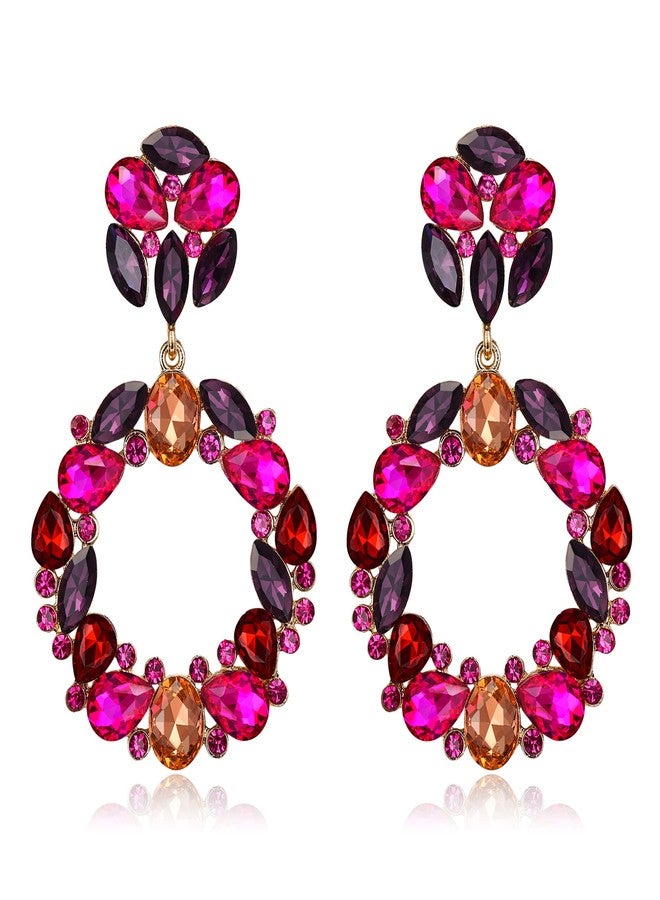 BriLove Wedding Bridal Sparkling Crystal Teardrop Marquise Circle Hoop Dangle Earrings for Women Party Prom Fuchsia Gold-Tone - Image 1