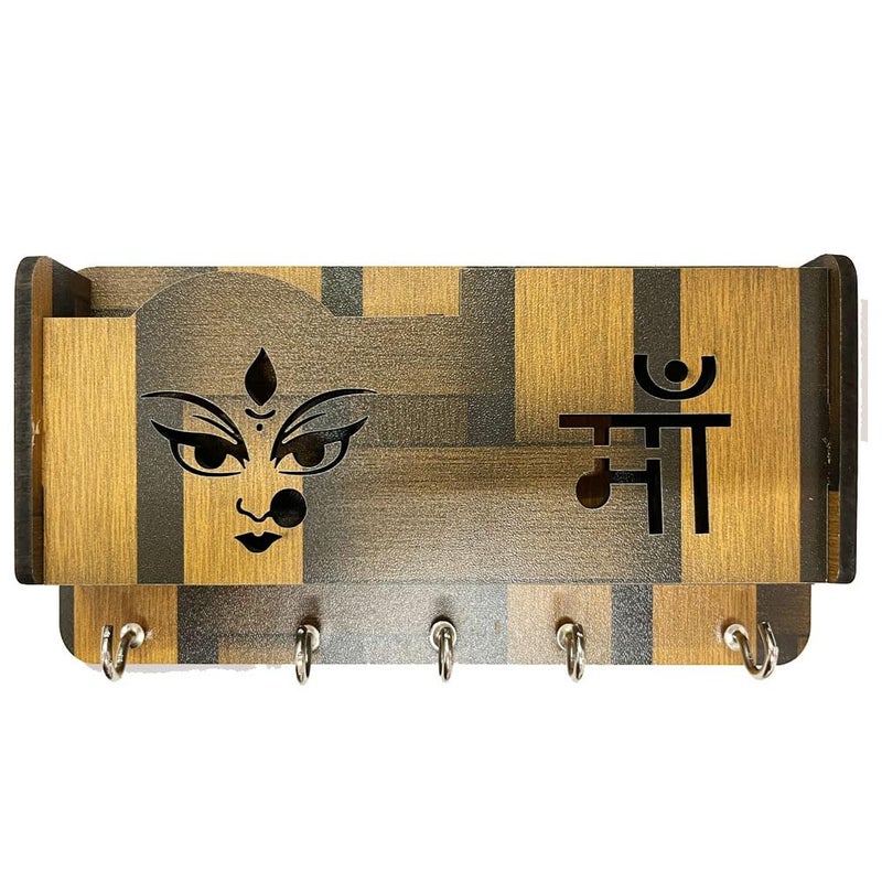 Decorative Wooden Key Holder with Phone Charging Station 5 Metal Hooks 20 cm x 10 cm Brown  - Image 1
