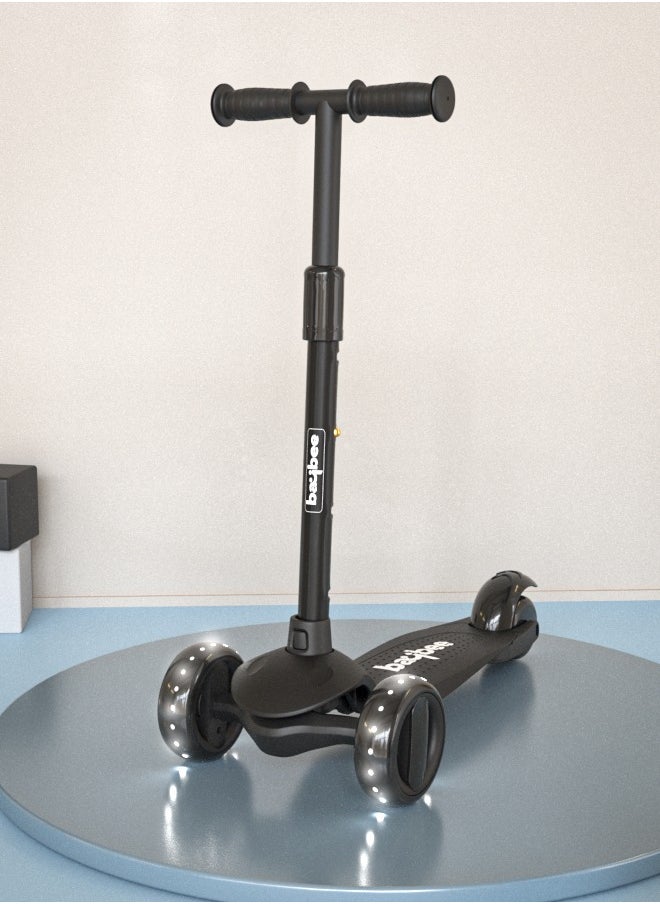 BAYBEE Alpha Skate Scooter for Kids 3 Wheel Kids Scooter with Foldable 4 Height Adjustable Handle Baby Scooter with LED PU Wheels Smart Kick Scooter for Children's 3 to 10 Years Boys Girls Black  - Image 1