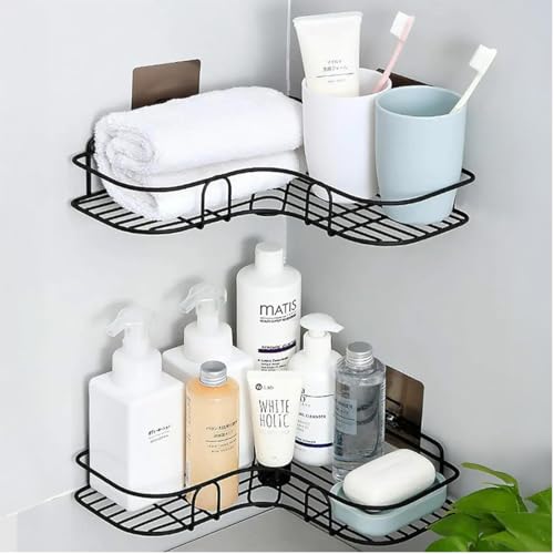 HOUZA Bathroom Corner Rack – Durable, Strong Self-Adhesive Metal Organizer with No Drilling Needed – Rustproof, Quick & Easy Installation for Shower, Kitchen & Toilet Area (Set of 2) - Image 1