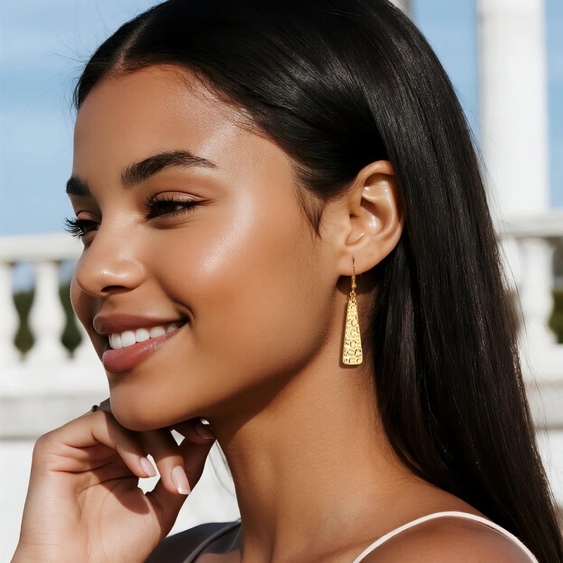 ALEXCRAFT Gold Leverback Earrings, ALEXCRAFT 14K Gold Long Bar Hammered Dangle Earrings for Women Trendy Hypoallergenic 925 Sterling Silver Lightweight Statement Boho Dangling Drop Leverback Teardrop Earring - Image 3