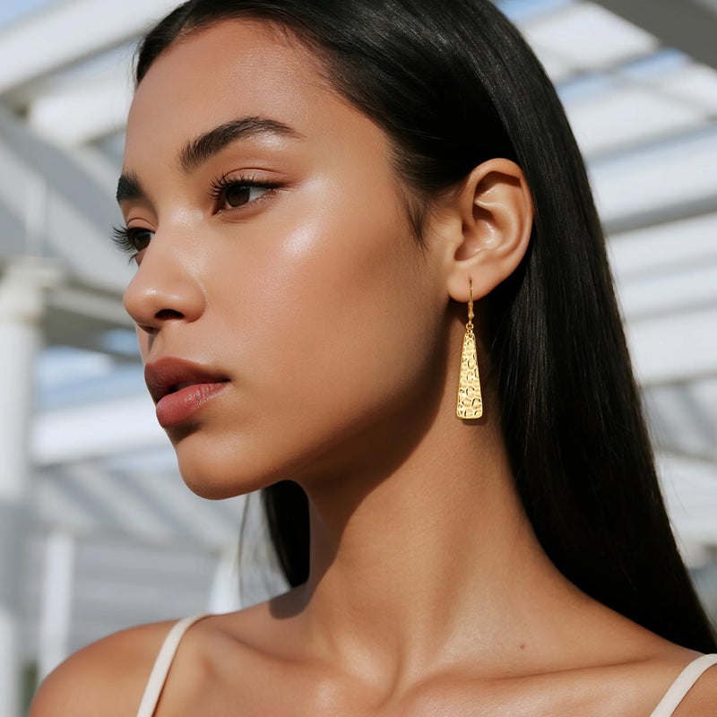 ALEXCRAFT Gold Leverback Earrings, ALEXCRAFT 14K Gold Long Bar Hammered Dangle Earrings for Women Trendy Hypoallergenic 925 Sterling Silver Lightweight Statement Boho Dangling Drop Leverback Teardrop Earring - Image 4