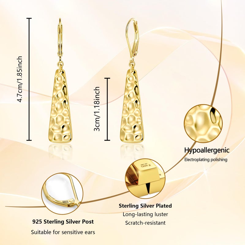 ALEXCRAFT Gold Leverback Earrings, ALEXCRAFT 14K Gold Long Bar Hammered Dangle Earrings for Women Trendy Hypoallergenic 925 Sterling Silver Lightweight Statement Boho Dangling Drop Leverback Teardrop Earring - Image 2
