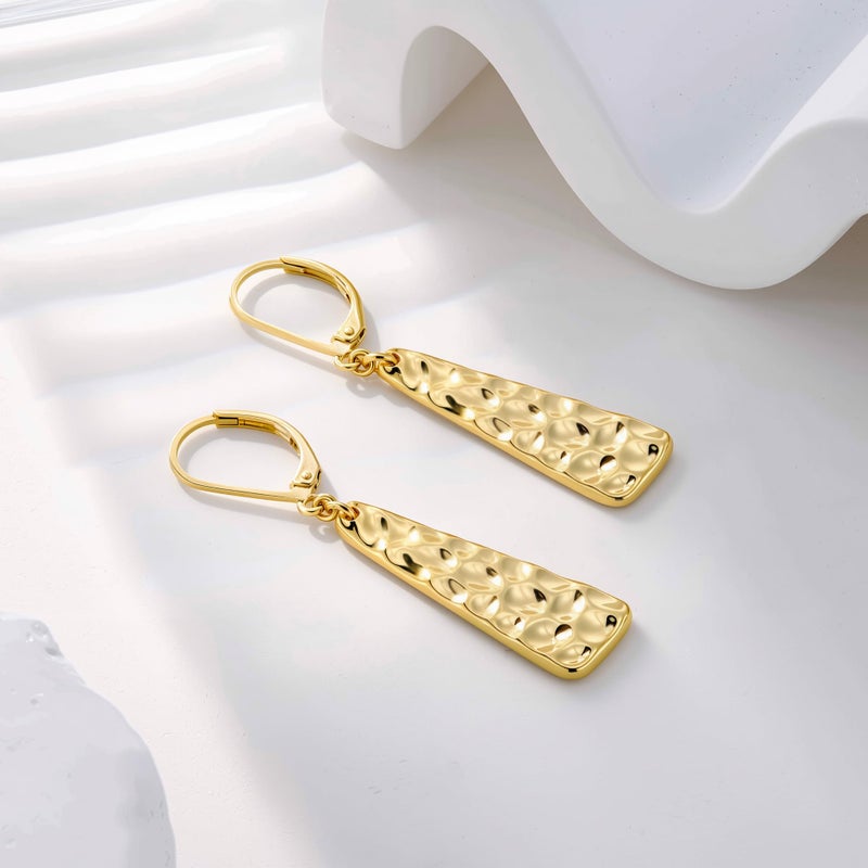 ALEXCRAFT Gold Leverback Earrings, ALEXCRAFT 14K Gold Long Bar Hammered Dangle Earrings for Women Trendy Hypoallergenic 925 Sterling Silver Lightweight Statement Boho Dangling Drop Leverback Teardrop Earring - Image 5