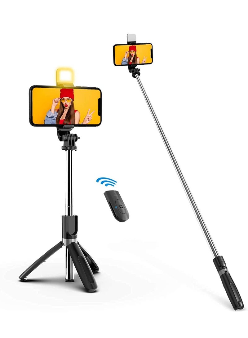Bluetooth Extendable Selfie Sticks with LED Fill Light Wireless Remote and Tripod Stand 3-in-1 Multifunctional Selfie Stick Portable Lightweight Compatible with All Smartphones (Black-Fill Light)  - Image 1