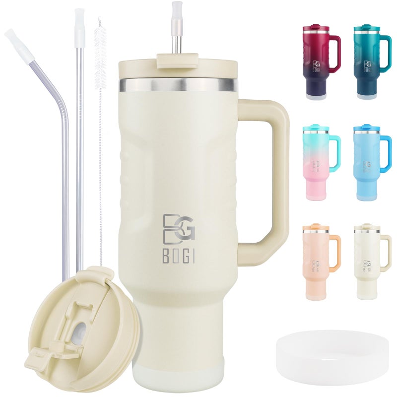BOGI 40oz Tumbler with Straw and LidLeakproof Travel Mug with HandleDouble Walled Stainless Steel Tumbler with 2 in 1 Air Tight LidReusable Insulated Cup for Cold and Hot Drinks  CreamWhite