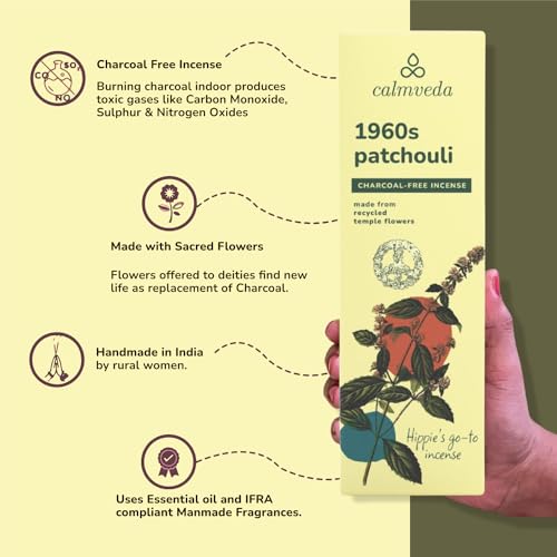 Calmveda 1960s Patchouli Incense Sticks Pack - (80 Sticks) Charcoal Free Incense, Made from Upcycled Flowers | Organic Incense Sticks Non Toxic | Relaxation Pachouli Incense for Calming - Image 2