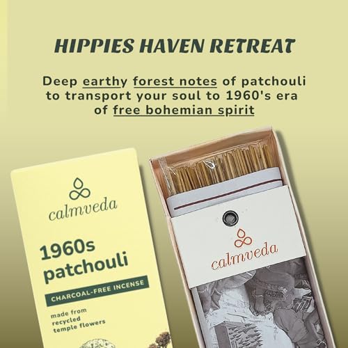 Calmveda 1960s Patchouli Incense Sticks Pack - (80 Sticks) Charcoal Free Incense, Made from Upcycled Flowers | Organic Incense Sticks Non Toxic | Relaxation Pachouli Incense for Calming - Image 3
