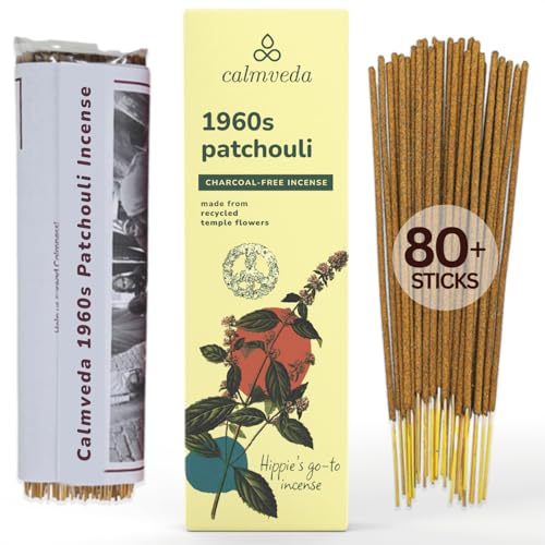 Calmveda 1960s Patchouli Incense Sticks Pack - (80 Sticks) Charcoal Free Incense, Made from Upcycled Flowers | Organic Incense Sticks Non Toxic | Relaxation Pachouli Incense for Calming - Image 1