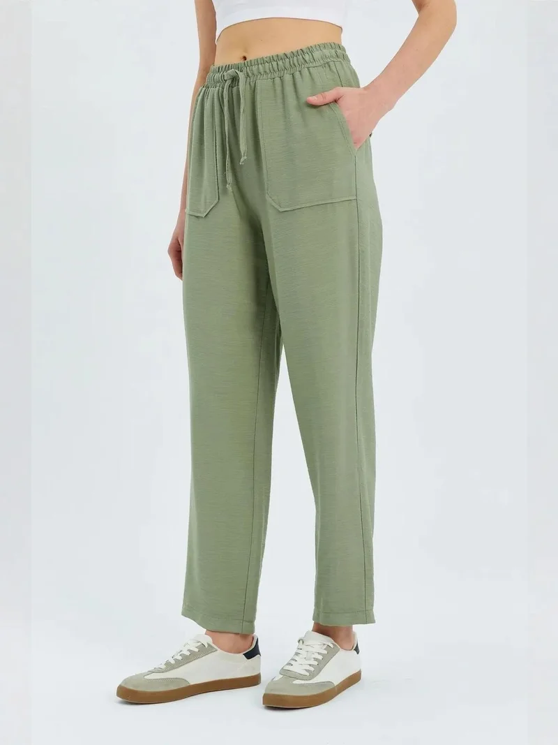 MixRay Sage Green Mixray High Waist Carrot Fit Pants with Drawstring Waist for Women | Best Price UAE