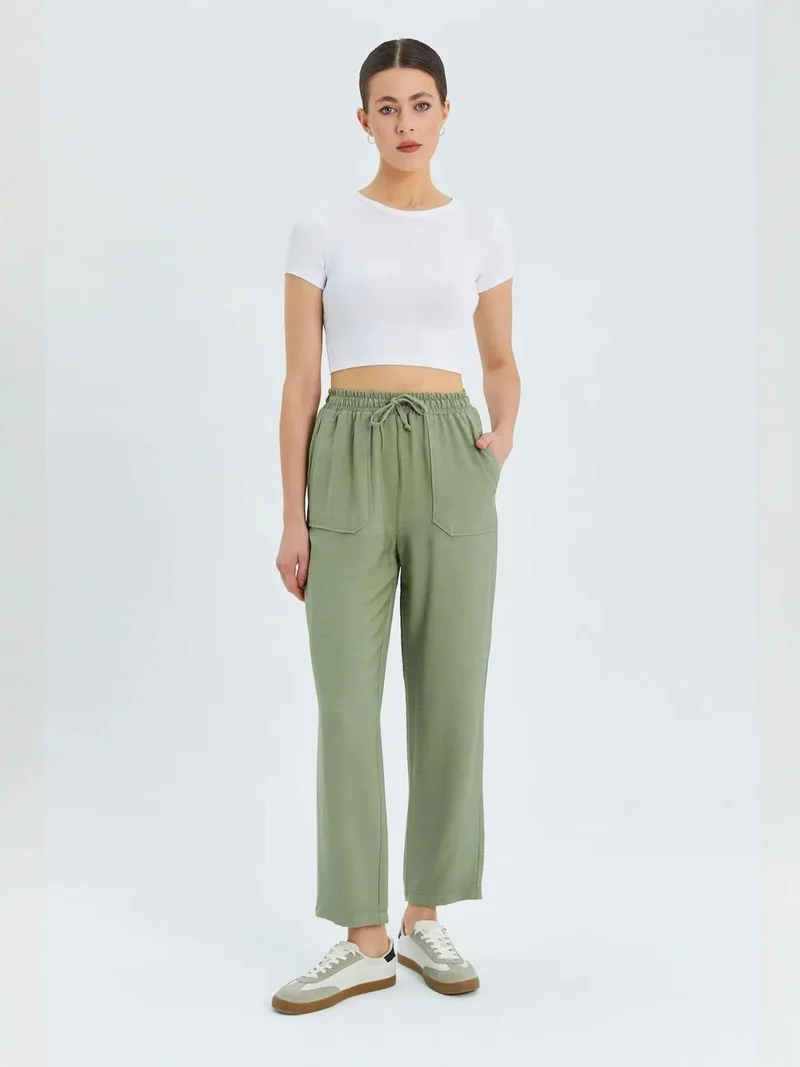 MixRay Sage Green Mixray High Waist Carrot Fit Pants with Drawstring Waist for Women | Best Price UAE