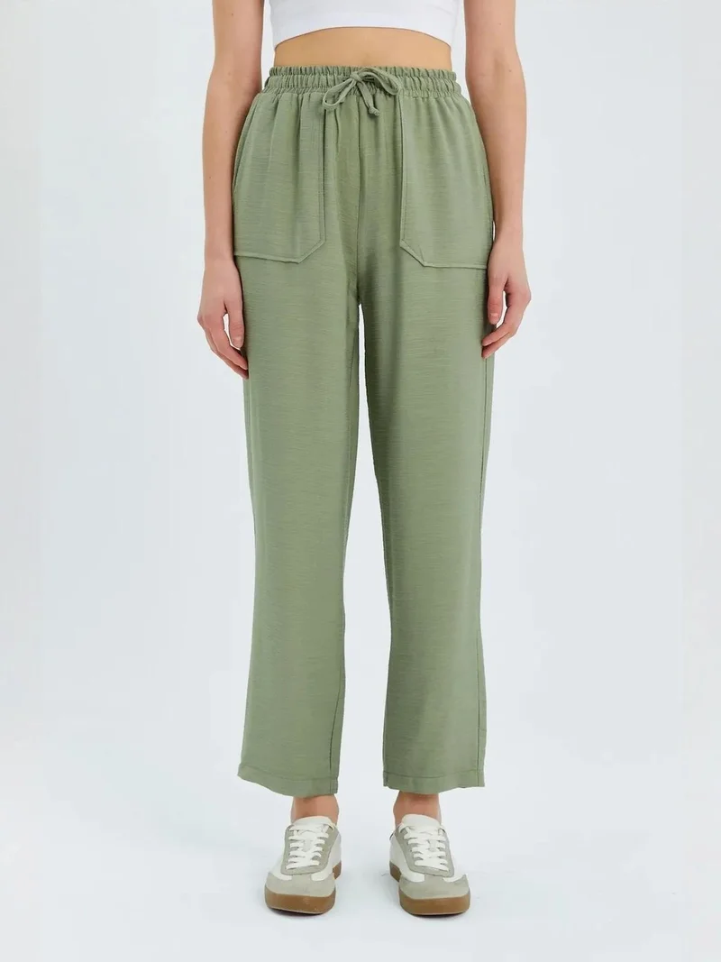 MixRay Sage Green Mixray High Waist Carrot Fit Pants with Drawstring Waist for Women | Best Price UAE