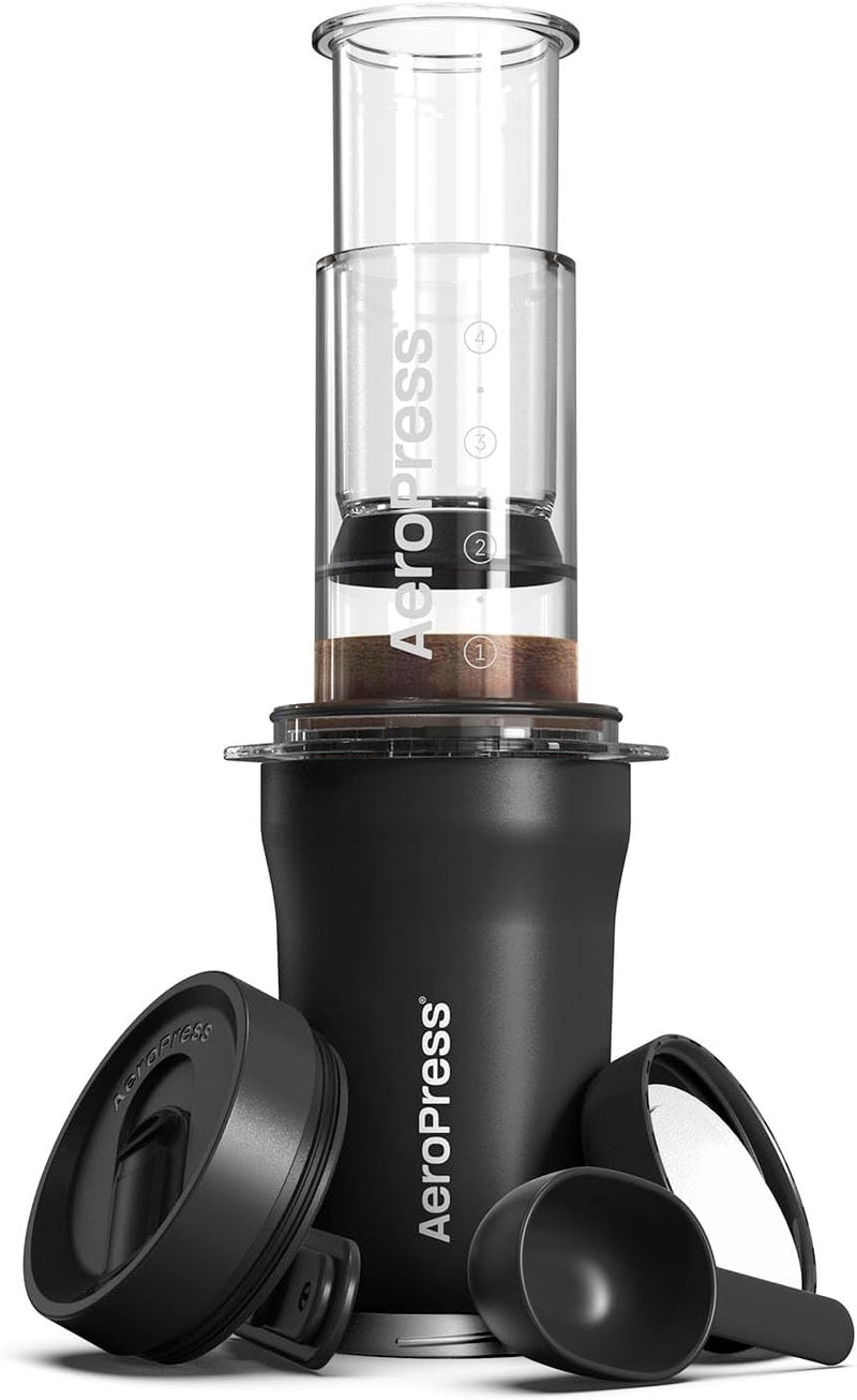 AeroPress Go Plus Small Portable Coffee Maker for Travel  Camping  3 In 1 Brew Method Combines French Press Pourover Espresso Full Bodied Coffee without Bitterness Coffee Press Kit  Black