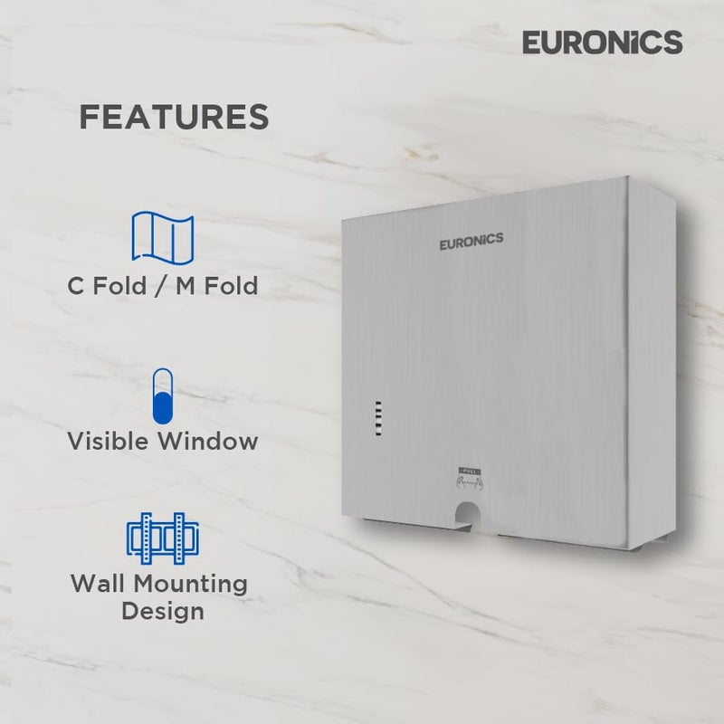 Euronics EP02 Stainless Steel Paper Towel Dispenser (Small) – Wall Mount 304-Grade Steel | Holds 300 C-Fold/Multifold Towels | Compact, Durable & Hygienic | for Commercial Washrooms - Image 2