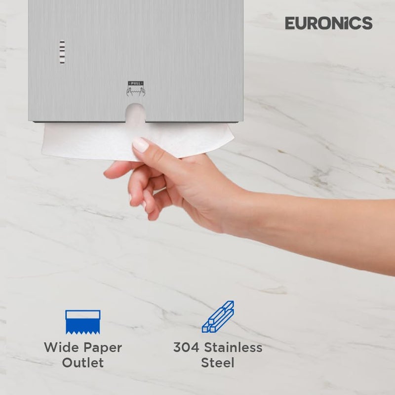 Euronics EP02 Stainless Steel Paper Towel Dispenser (Small) – Wall Mount 304-Grade Steel | Holds 300 C-Fold/Multifold Towels | Compact, Durable & Hygienic | for Commercial Washrooms - Image 4