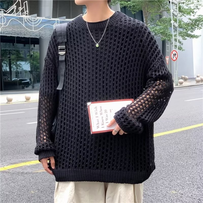 Hollow-out Fishnet Top Thick Line Pullover Knitted Sweater Mens and Womens Same Style Internet Popular Trendy Brand Ins Korean Style Top Black  - Image 1
