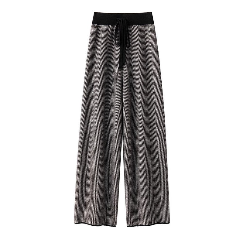 Luxury texture herringbone pattern 100% wool knitted pants womens autumn and winter thickened pants draped wide-leg pants Beige
