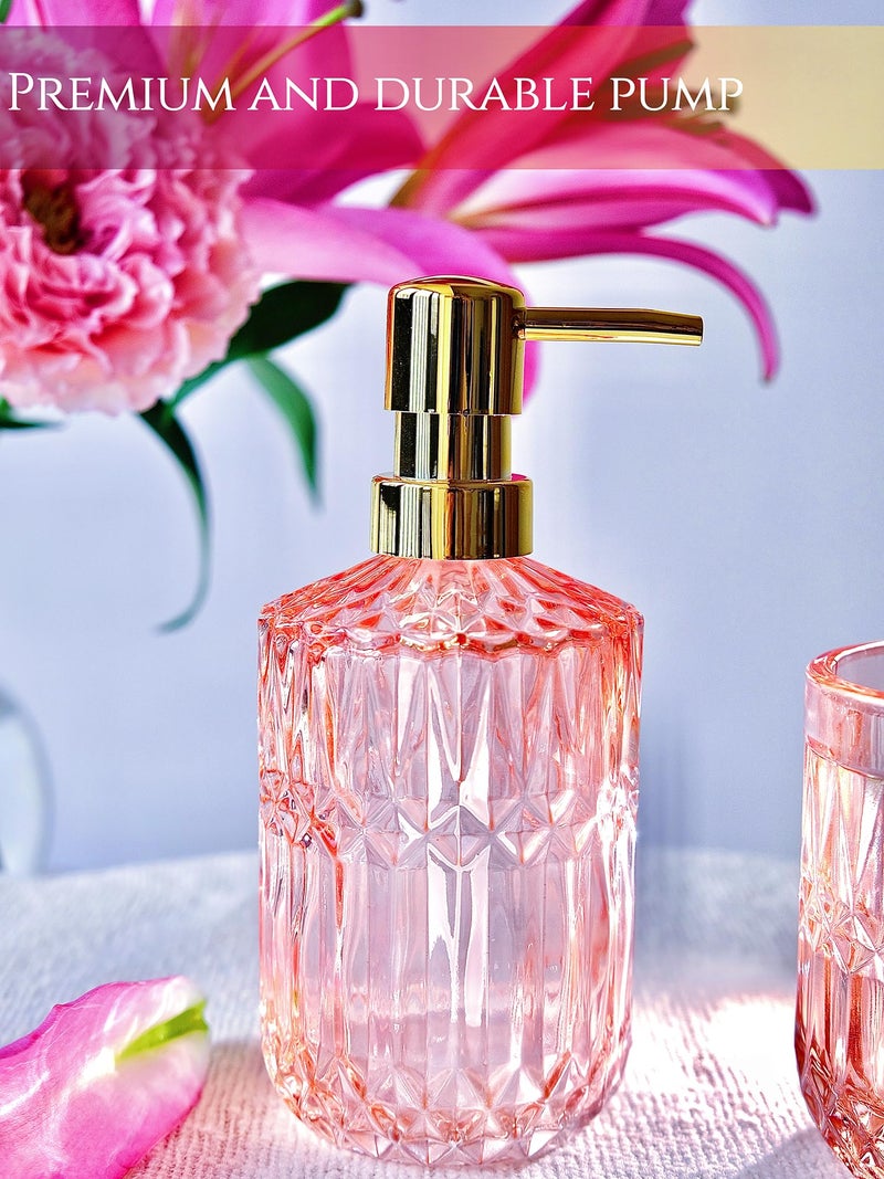 LaMarriti 5pcs Pink Bathroom Accessories Set, Crystal Glass Bathroom Decor, Soap Dispenser, Toothbrush Holder Set, Soap Dish, Tumbler, Qtips Holder, Modern Decor for Bathroom - Image 2