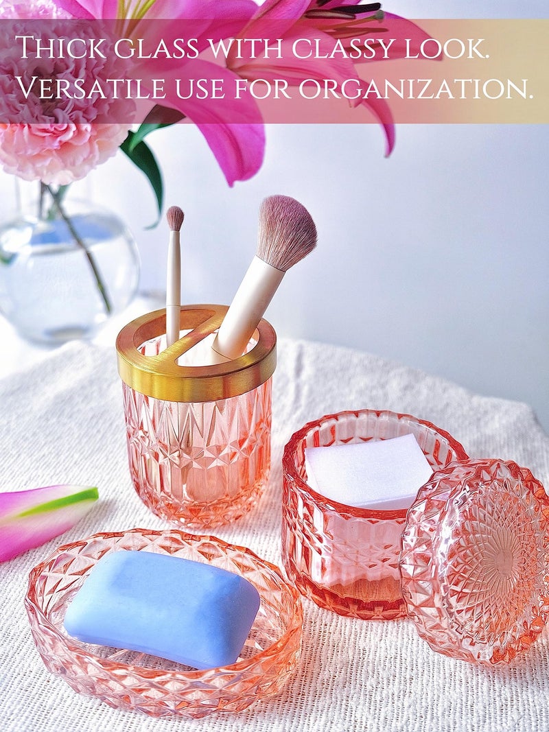 LaMarriti 5pcs Pink Bathroom Accessories Set, Crystal Glass Bathroom Decor, Soap Dispenser, Toothbrush Holder Set, Soap Dish, Tumbler, Qtips Holder, Modern Decor for Bathroom - Image 3