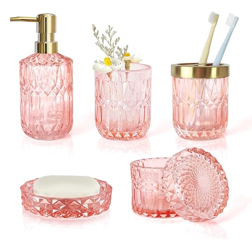 LaMarriti 5pcs Pink Bathroom Accessories Set, Crystal Glass Bathroom Decor, Soap Dispenser, Toothbrush Holder Set, Soap Dish, Tumbler, Qtips Holder, Modern Decor for Bathroom - Image 1