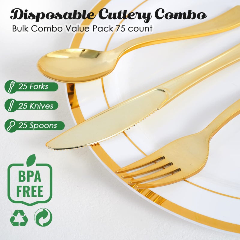 FOCUSLINE 75 Pack Gold Plastic Silverware Disposable Cutlery Set - 25 Forks Knives Spoons - Disposable Flatware Heavy Duty Plastic Utensils Set for Catering  Parties  Dinners  Weddings - Image 2
