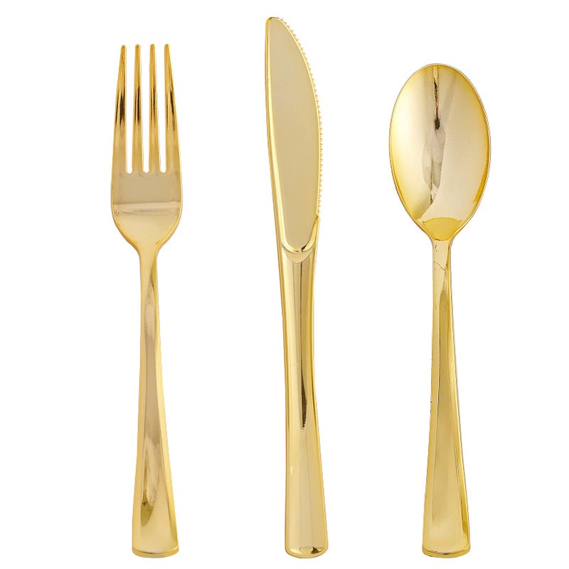 FOCUSLINE 75 Pack Gold Plastic Silverware Disposable Cutlery Set - 25 Forks Knives Spoons - Disposable Flatware Heavy Duty Plastic Utensils Set for Catering  Parties  Dinners  Weddings - Image 1