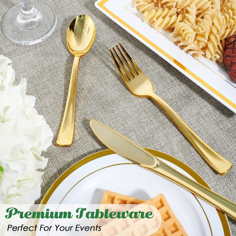 FOCUSLINE 75 Pack Gold Plastic Silverware Disposable Cutlery Set - 25 Forks Knives Spoons - Disposable Flatware Heavy Duty Plastic Utensils Set for Catering  Parties  Dinners  Weddings - Image 5