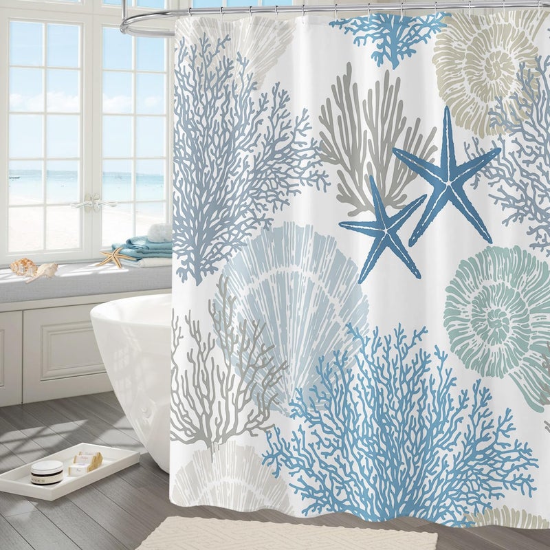 Gibelle Nautical Coastal Shower Curtain Ocean Beach Seashell Starfish Shower Curtain for Bathroom Decor Marine Underwater Waterproof Fabric Shower Curtain Set with Hooks 72x72 Blue