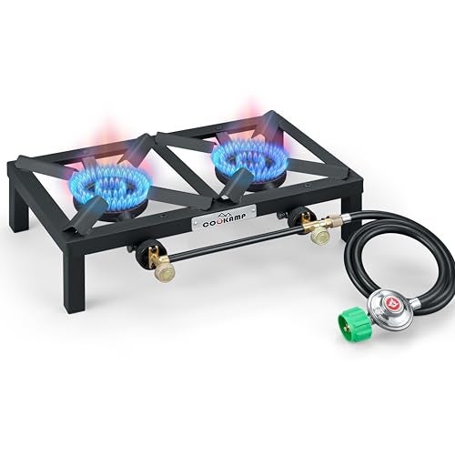 COOKAMP Propane Double Burner Angle Iron Camp Stove with CSA Listed Regulator and 4ft Hose (SA2200) - Image 1